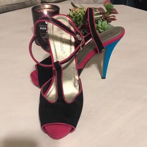 Black, pink, and blue Pierre Dumas heels